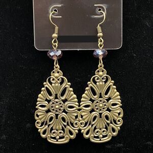 Brass Tone Cutout Teardrop & Iridescent Purple Crystal Earrings by Neanie-Bot